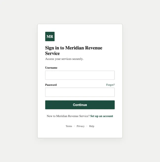 Screenshot of the spoofed Meridian Revenue Service login page used for the Typosquat cue